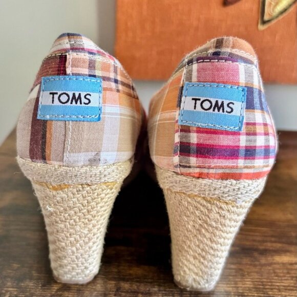 Toms| Cute Summer Tan/Blue/Orange 3.5” Wedge Open Toe Espadrille Shoes Sz 8.5 - Picture 2 of 6